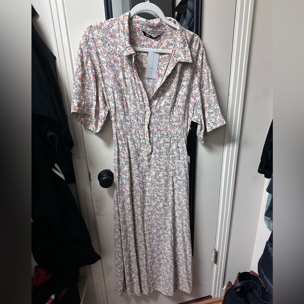 Zara Floral half button midi dress